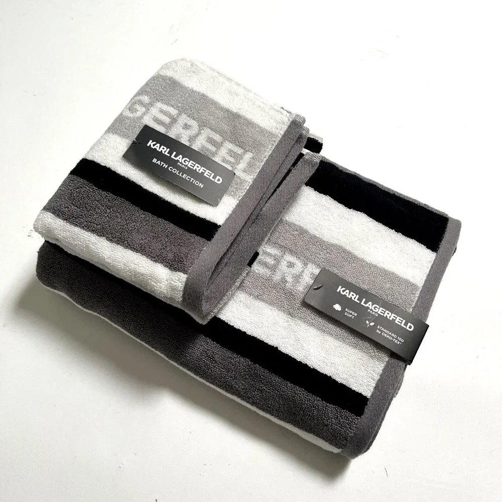 Karl Lagerfeld 2pc Cotton Bath & Hand Towel Set Gray Black White NWT